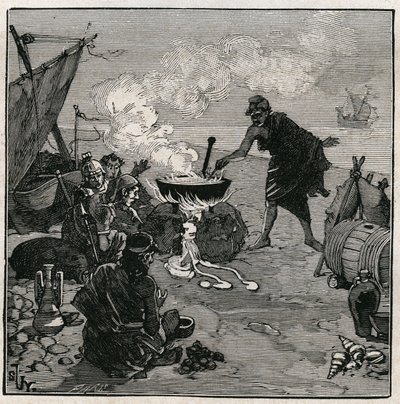 Arte del vidrio: vitrificación descubierta según Plinio el Viejo (23-79 d.C.). En la antigüedad, los comerciantes naufragaron en una playa con plantas de Kali entre los combustibles. Estas plantas proporcionan suficiente soda para producir vidrio al mezcla de Unknown artist