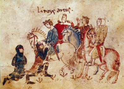 Leyenda Artúrica: El rey Arturo ablandando a los caballeros (Meliadus, Esclabor y Arfasar). Miniatura de 