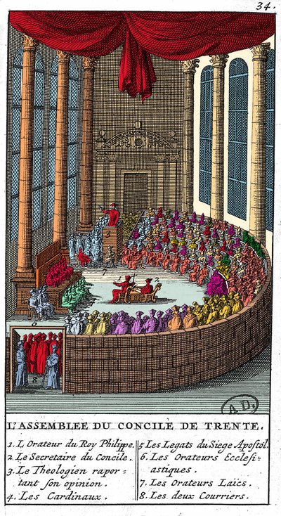 Asamblea del Concilio de Trento (1545-1563), grabado de 1706. de Unknown artist