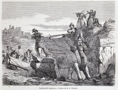 Toro alado asirio en el sitio de Nínive - en “Tour du monde” 1er sem. 1863 de Unknown artist