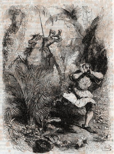 Astolfo hace huir a Caligorant - grabado de 1851 de “Roland Furioso” (Orlando furioso) (siglo XVI) de Ludovico Ariosto, conocido como el Ariosto - Edición traducida del italiano por el Conde de Tressan y publicada por Gustave Harvard. de Unknown artist