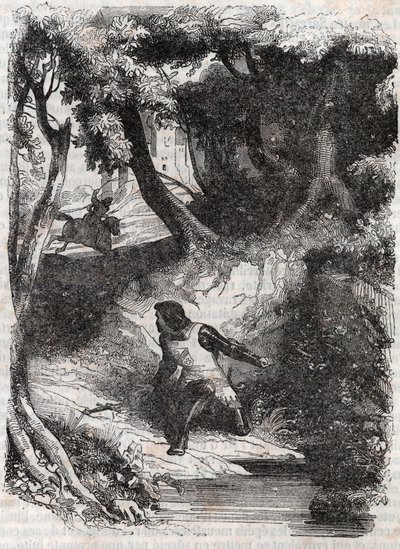 Astolfo al borde de una fuente - grabado de 1851 de “Roland Furioso” (Orlando furioso) (siglo XVI) de Ludovico Ariosto, conocido como el Ariosto - Edición traducida del italiano por el Conde de Tressan y publicada por Gustave Harvard. de Unknown artist