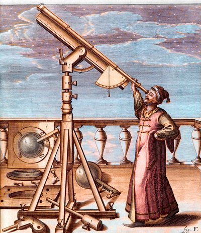 Astrónomo observando el cielo con un telescopio - de: Johannes Hevelius (1611-1687), Selenographia, sive Lunae descriptio (Selenografía, o Una Descripción de La Luna) de Unknown artist