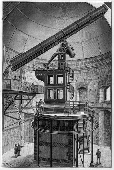 Gafas astronómicas del Sr. Janssen, miembro del Instituto, director del Observatorio de Astronomía Física en Meudon. Grabado en "La Naturaleza: revista de ciencias y sus aplicaciones a las artes y a la industria" del 9 de mayo de 1896 de Unknown artist