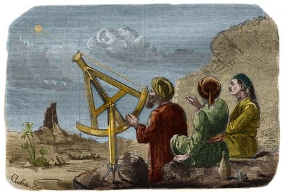 Astronomía: Científicos árabes midiendo la altura del Sol en la llanura de Babilonia alrededor del año 825. Usan un cuarto de círculo con pínulas. Grabado de 1857 en "Le Musee Des Sciences" de Unknown artist