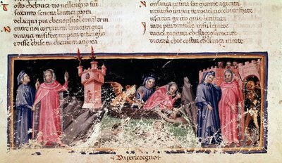 A la izquierda, Dante y Virgilio están en la orilla del río Estigia, la orilla lúgubre de Aqueronte. En el centro, Caronte transporta a Dante y Virgilio, que parecen muy alarmados (canto 3 del Infierno, en la Divina Comedia) - miniatura de Unknown artist