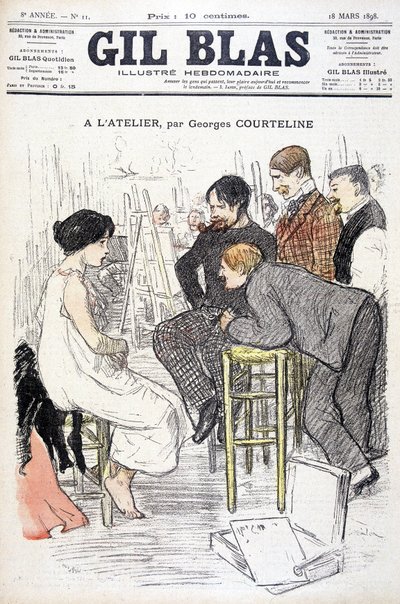 En el taller por Georges Courteline. Hombre observando a una mujer posando en un taller. En “Gil Blas”, el 18/03/1898 de Unknown artist