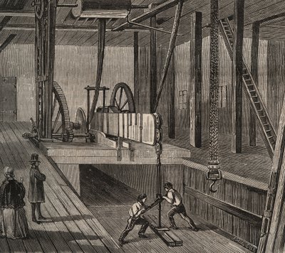 Taller de perforación del pozo artesiano de Passy. Grabado de 1856 en "Le Musée Des Sciences". de Unknown artist