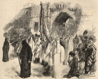 Procesión de expiación por el cese de la fiebre amarilla en Lisboa, Portugal en 1857. Grabado en “Le Monde illustrious” de 1857. Colección privada. de Unknown artist