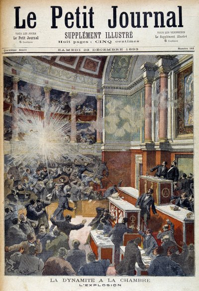 Ataque en la Cámara de Diputados. Explosión causada por una bomba colocada por el anarquista Auguste Vaillant (1861-1894) - en "Le Petite journal", 23/12/1893 de Unknown artist