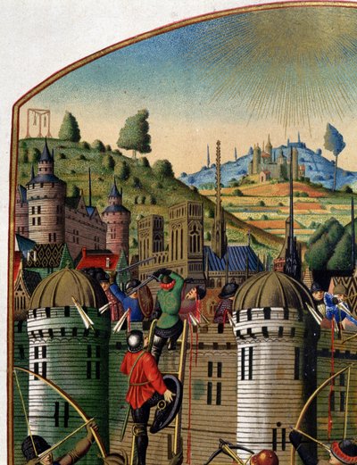 Ataque del castillo de Felipe Augusto con vista de París y la horca de Montfaucon durante la guerra de los 100 años, mediados del siglo XV. (detalle) de Unknown artist