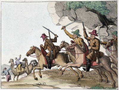 Ataque a una caravana de camellos por un grupo de kirguises (pueblo turco de Asia Central de origen mongol) a caballo, principios del siglo XIX de Unknown artist