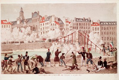 Ataque al Ayuntamiento de París y la batalla del puente de Arcola, 28 de julio de 1830 (grabado) de Unknown artist