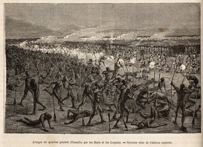 Ataque al cuartel general de Ismailia (Egipto), por una coalición de baris y loquias armados con arco y flecha, la expedición de Sir Baker responde con rifles y repele a los atacantes, grabado ilustrando una expedición armada en África Central, para el apo de Unknown artist