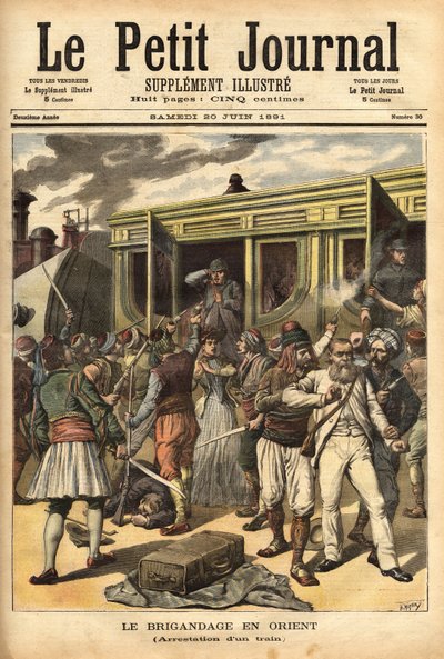 Ataque a un tren por ladrones en las cercanías de Cherkessklui, después de organizar el descarrilamiento del convoy, Athanos y sus ladrones capturan a los pasajeros para intercambiarlos por un rencor. Grabado en “Le petit journal” 20/06/1891. Colección Sel de Unknown artist