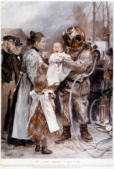 Bebé llorando en los brazos del escafandrista de su padre. de Unknown artist