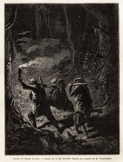 De regreso de la caza por la noche, la presa, un oso, está atada y suspendida de una rama que los cazadores llevan al hombro. Grabado para ilustrar la historia Quatre mois en Florida, por M. Pousselgue, en 1851-1852, publicado en “le tour du monde”, bajo l de Unknown artist