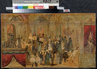 Disfraz de baile con el diablo (Baile de Disfraces con Diablo). Dibujo anónimo, principios del siglo XIX, acuarela y gouache sobre papel. Museo Estatal del Teatro Central A. Bakhrushin, Moscú de Unknown artist