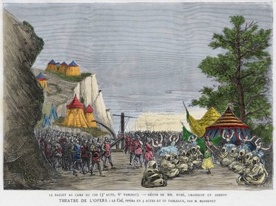 Escena de ballet en el campamento militar del Cid Ilustración de la ópera “Le Cid” de Jules Massenet, basada en la obra de Pierre Corneille y el poema de Guillén de Castro. Grabado del siglo XIX de Unknown artist