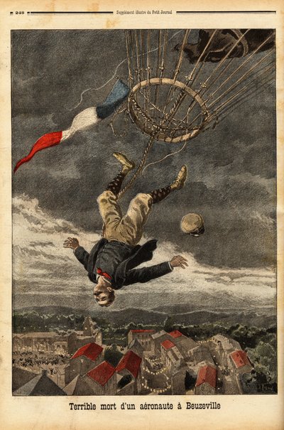 Accidente de globo en Beuzeville, tras una pérdida de gas, el aeronauta perdió el control y cayó de su globo, en el que había embarcado sin una góndola. Grabado en "Le petit journal" 30/7/1899. Colección Selva. de Unknown artist