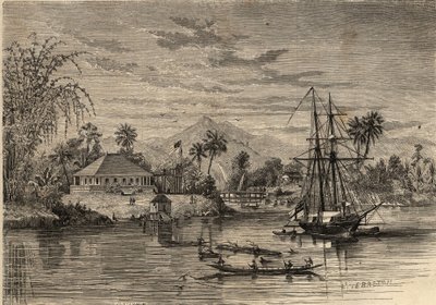 Bangalow, casa de Sir James Brooke, conocido como el Rajá de Sarawak (1803-1868) aventurero británico primer rajá blanco de Sarawak en las cercanías de Sarawak (Borneo). Grabado en “Le Monde illustré” de 1857. Colección privada. de Unknown artist