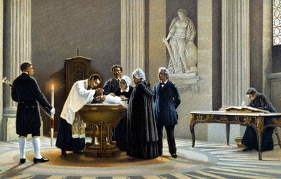 Bautizo de un bebé en una iglesia. Cromolitografía del siglo XIX de Unknown artist