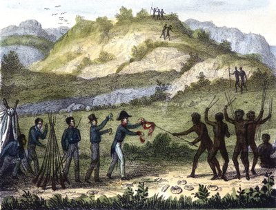 Escena de trueque entre los nativos y los occidentales de Unknown artist
