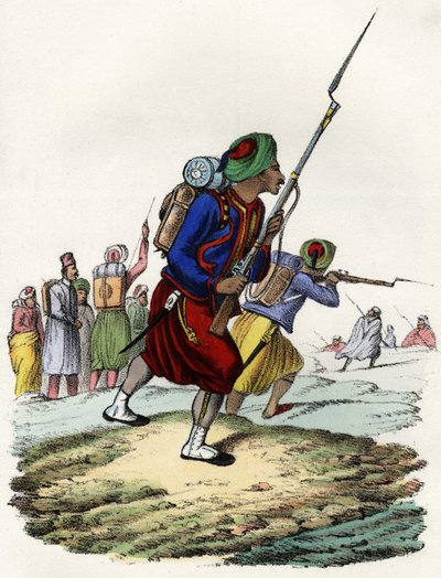 Batallón de zuavos del ejército francés de África, compuesto por nativos y formado por el general Clausel en 1830 para la expedición del Atlas a Argelia. En "Storia d
