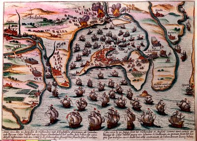 Plano de batalla de Cales Males (España) el 30 de junio de 1596. La flota del ejército holandés e inglés entra como amigos en Cales Males con 180 barcos. Al día siguiente, 1 de julio, sorprendidos por traición, tuvieron que abandonar la ciudad con vergüenz de Unknown artist