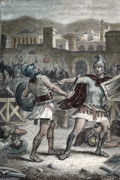Batalla entre Horacios y Curiacios. Grabado de Unknown artist
