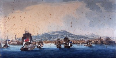 Batalla en el puerto de Génova entre barcos franceses e ingleses. André Massena dirige el cuartel general de Génova. Pintura anónima del siglo XIX. Museo Navale de Génova Pegli. de Unknown artist