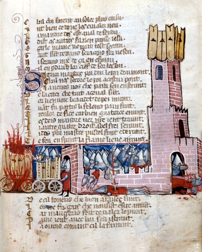 Batalla en un castillo. Los tanques están en llamas. Manuscrito del siglo XIII. Marciana Venecia. de Unknown artist
