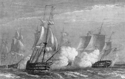 Batalla naval de Ouessant en el siglo XVIII disputada entre franceses e ingleses en 1778. en “Historia general de la Marina” por Van Tenac de Unknown artist