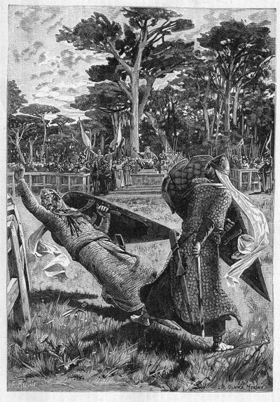 Batalla de los caballeros Pinabel y Thierry en la Edad Media en Francia. Ilustración de la novela "La chevalerie" de Léon Gautier (1832-1897). Grabado en "Le Monde Illustré" de Unknown artist