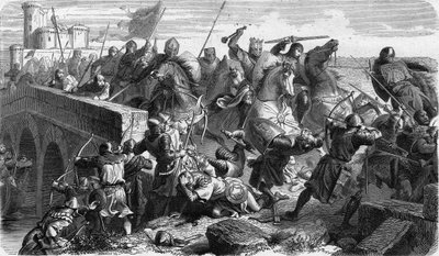 Batalla de Taillebourg en 1242, las tropas capetianas del Rey de Francia Luis IX (San Luis) y su hermano el Conde de Poitiers Alfonso contra las revueltas de sus vasallos, Enrique III de Inglaterra y Hugo X de Lusignan de Unknown artist
