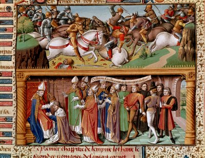 Escena de batalla y coronación del emperador Lotario II de Supplinburg (o Lotario III del Sacro Imperio Romano). Miniatura en 