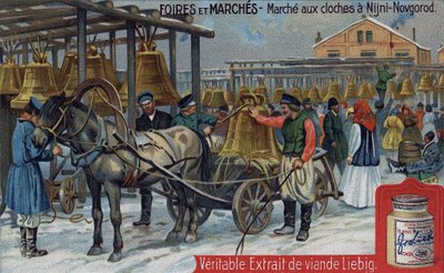 Mercado de campanas en Nizhny Novgorod (Rusia). Cromolitografía Liebig de finales del siglo XIX de Unknown artist