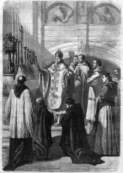 Bendición de huevos el Domingo de Pascua en la Abadía de Solesmes (Sarthe) en 1868 de Unknown artist
