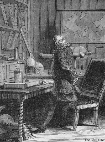 Benjamin Franklin en su laboratorio de física en Filadelfia. En 