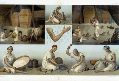 Bereberes Kabyles: interior de una casa Kabyle - industria - tatuajes - en “Le costume historique” de Racinet de Unknown artist