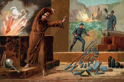 Berthold Schwartz (circa 1318-circa 1384), químico alemán, inventor de la pólvora y monje franciscano. Cromolitografía del siglo XIX de Unknown artist