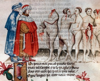 Bertrand de Born sostiene su cabeza decapitada (canto 28 del Infierno, en la Divina Comedia) (miniatura) de Unknown artist