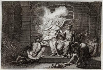 Biblia de Royaumont, Nuevo Testamento: San Pedro liberado de la prisión. San Pedro es liberado de la prisión por un ángel durante la noche. Ilustración de 1811 de Unknown artist