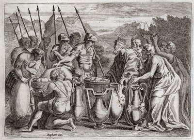 Biblia de Royaumont, Antiguo Testamento: Abraham salva a Lot. Abraham salva a su sobrino Lot de las manos de los enemigos. El Sumo Sacerdote Melquisedec bendice. El rey de Sodoma le ofreció... de Unknown artist