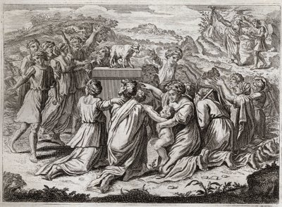 Biblia de Royaumont, Antiguo Testamento: Adoración del Becerro de Oro. Moisés, al ver a los hebreos y al becerro de oro, rompe las Tablas de la Ley. Ilustración de 1811. de Unknown artist