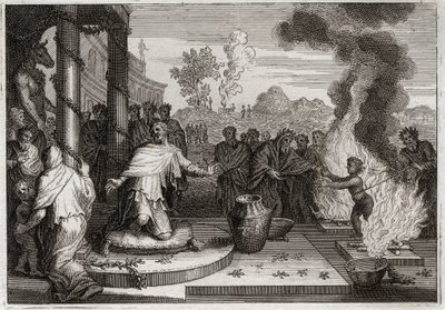 Biblia de Royaumont, Antiguo Testamento: Acaz Rey Impío. El malvado Acaz, rey de Judá, irrita a Dios, y es entregado a los enemigos. Ilustración de 1811. de Unknown artist