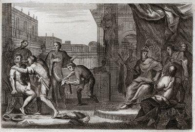 Biblia de Royaumont, Antiguo Testamento: Embajadores de David. David envió a Joab contra los amonitas para vengar la ofensa que Hanón, su príncipe, había hecho a sus embajadores, a quienes había tomado por espías. Ilustración de 1811. de Unknown artist