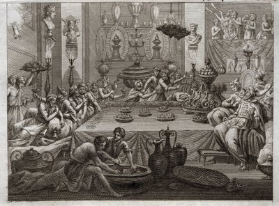 Biblia de Royaumont, Antiguo Testamento: Belsasar condenado. El rey Belsasar (Belsasar) en la mesa ve una mano que en tres palabras escribe el fin de su sentencia. Ilustración de 1811 de Unknown artist