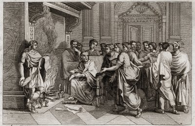 Biblia de Royaumont, Antiguo Testamento: Baruc profeta. El rey Joaquín corta el rollo que contiene las profecías de Jeremías transcritas por su discípulo Baruc y lo arroja al fuego. Ilustración de 1811. de Unknown artist