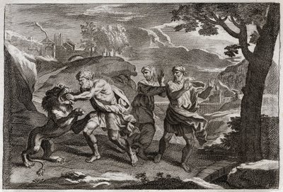 Biblia de Royaumont, Antiguo Testamento: Nacimiento de Sansón. Sansón desgarra a un león en pedazos. Ilustración de 1811 de Unknown artist